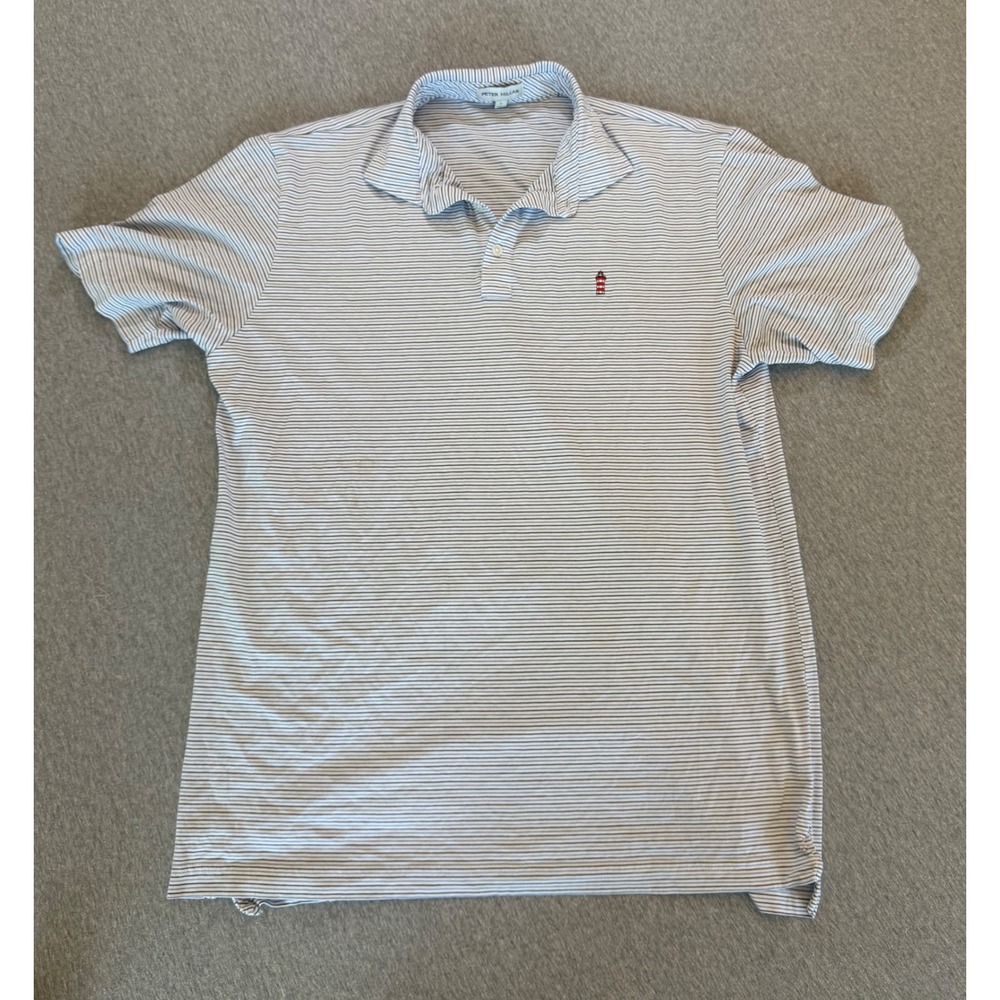 Peter Millar Mens Blue White Striped Pima Cotton Polo Harbour Town Lighthouse L